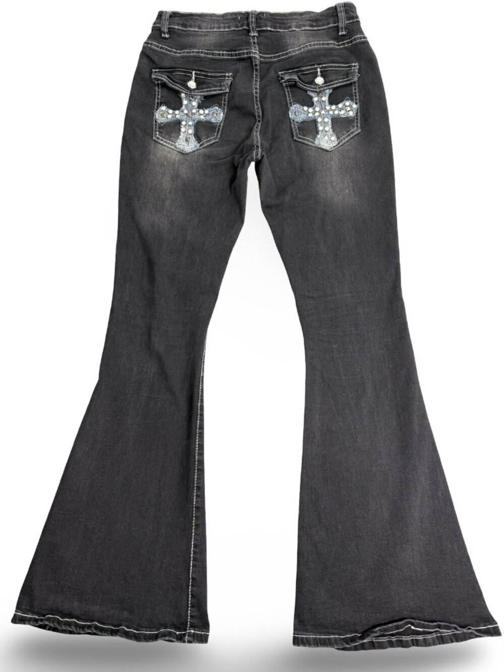 Bamboo Flare Jeans Sz 13 Black Wash Rhinestone Cross Bell Bottom Y2K Boho Grunge